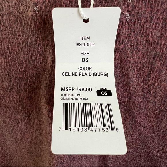 NWT Three Dots Cashmere/Wool Blend Celine Burgundy Plaid Blanket Scarf Poncho - Picture 7 of 12
